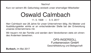 Traueranzeige von Oswald Calmbach von Siegener Zeitung