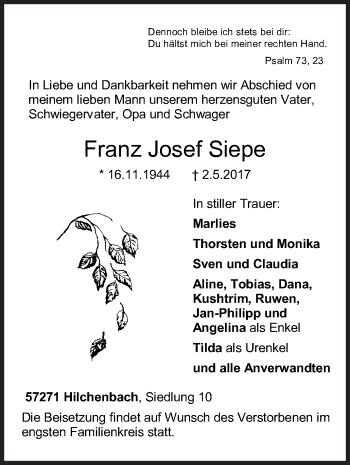 Traueranzeige von Franz Josef Siepe von Siegener Zeitung