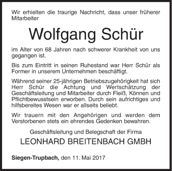 Traueranzeige von Wolfgang Schür von Siegener Zeitung