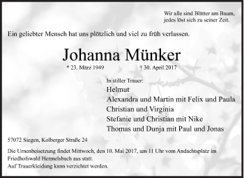 Traueranzeige von Johanna Münker von Siegener Zeitung