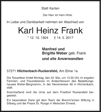Traueranzeige von Karl Heinz Frank von Siegener Zeitung