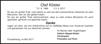 Traueranzeige von Olaf Köster von Siegener Zeitung
