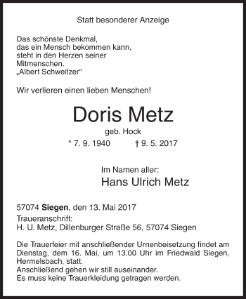 Traueranzeige von Doris Metz von Siegener Zeitung