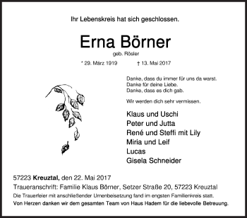 Traueranzeige von Erna Börner von Siegener Zeitung