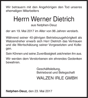 Traueranzeige von Werner Dietrich von Siegener Zeitung