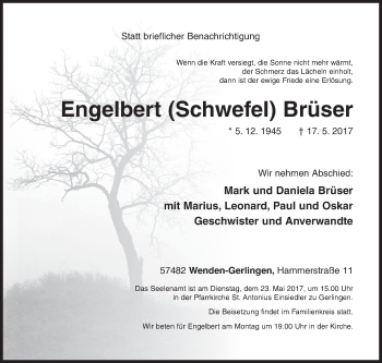 Traueranzeige von Engelbert  Brüser von Siegener Zeitung