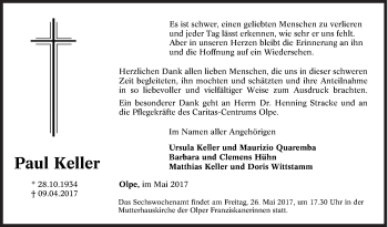 Traueranzeige von Paul Keller von Siegener Zeitung