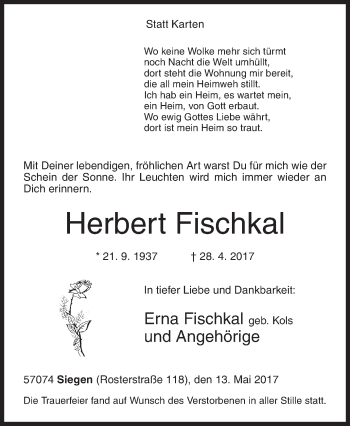 Traueranzeige von Herbert Fischkal von Siegener Zeitung