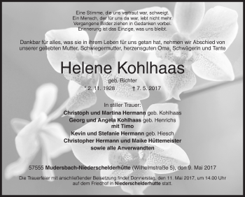 Traueranzeige von Helene Kohlhaas von Siegener Zeitung