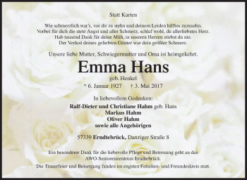 Traueranzeige von Emma Hans von Siegener Zeitung