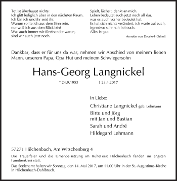 Traueranzeige von Hans-Georg Langnickel von Siegener Zeitung