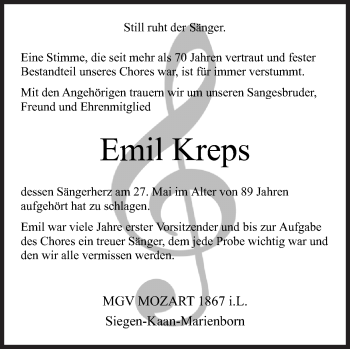 Traueranzeige von Emil Kreps von Siegener Zeitung