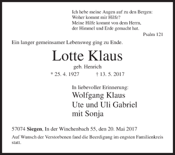 Traueranzeige von Lotte Klaus von Siegener Zeitung