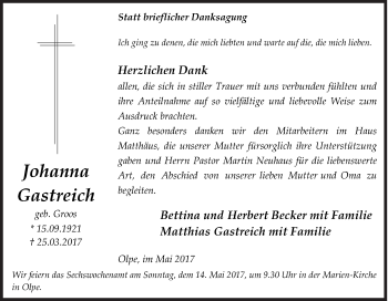Traueranzeige von Johanna Gastreich von Siegener Zeitung