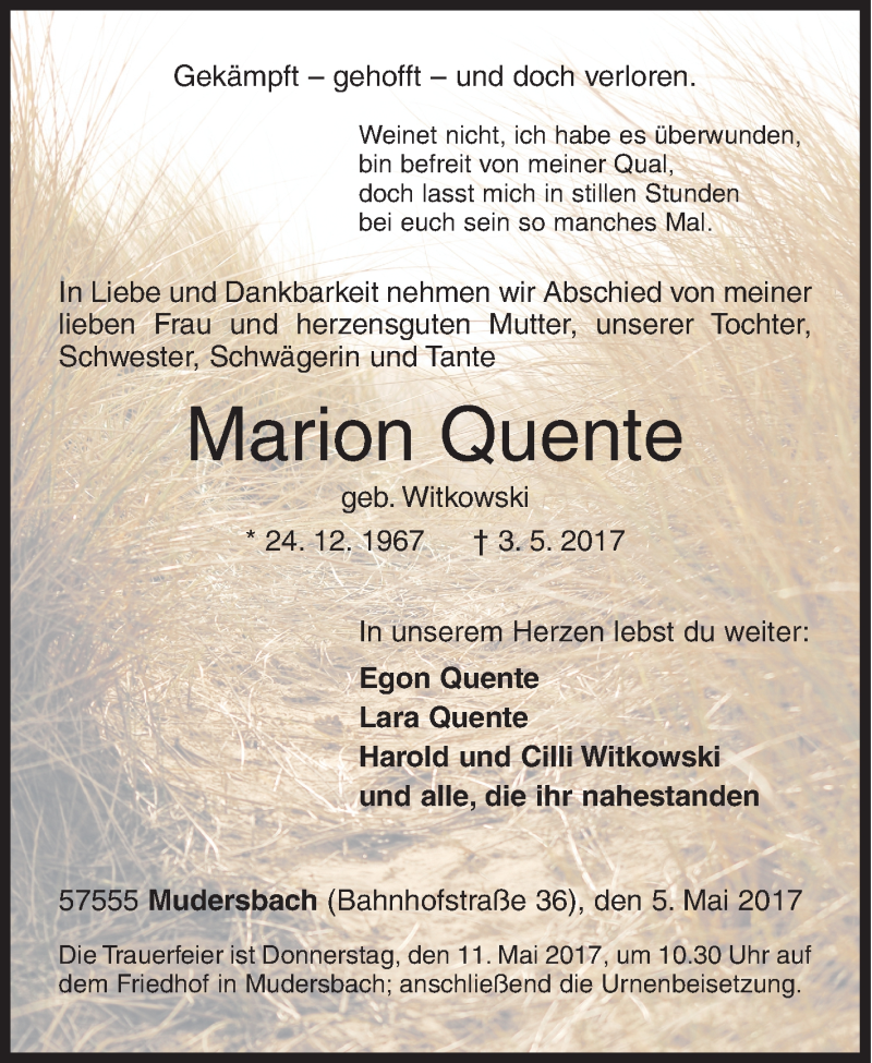  Traueranzeige für Marion Quente vom 05.05.2017 aus Siegener Zeitung