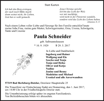 Traueranzeige von Paula Schneider von Siegener Zeitung