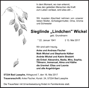 Traueranzeige von Sieglinde Lindchen Wickel von Siegener Zeitung