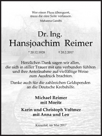Traueranzeige von Hansjoachim Reimer von Siegener Zeitung