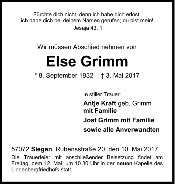 Traueranzeige von Else Grimm von Siegener Zeitung