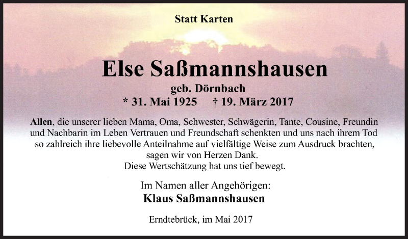  Traueranzeige für Else Saßmannshausen vom 13.05.2017 aus Siegener Zeitung