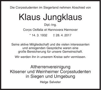 Traueranzeige von Klaus Jungklaus von Siegener Zeitung