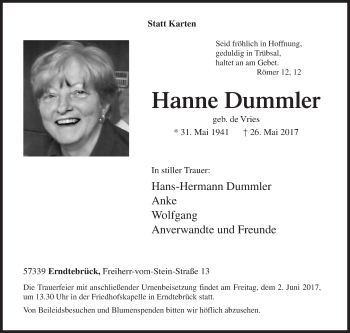 Traueranzeige von Hanne Dummler von Siegener Zeitung