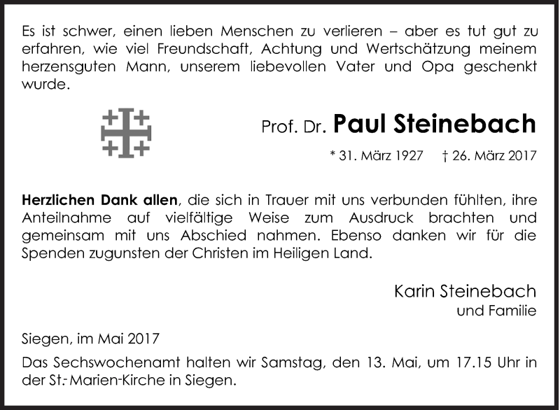  Traueranzeige für Paul Steinebach vom 06.05.2017 aus Siegener Zeitung