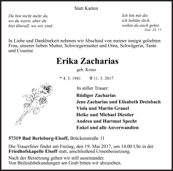 Traueranzeige von Erika Zacharias von Siegener Zeitung