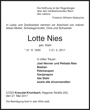 Traueranzeige von Lotte Nies von Siegener Zeitung