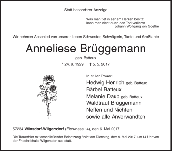 Traueranzeige von Anneliese Brüggemann von Siegener Zeitung