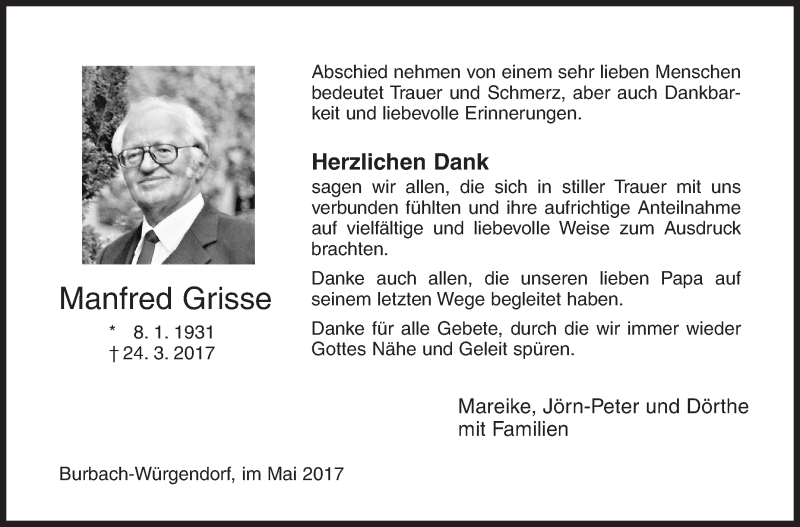  Traueranzeige für Manfred Grisse vom 20.05.2017 aus Siegener Zeitung
