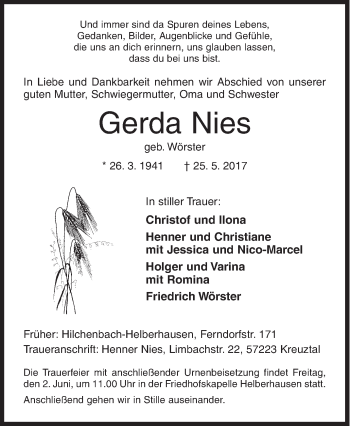 Traueranzeige von Gerda Nies von Siegener Zeitung