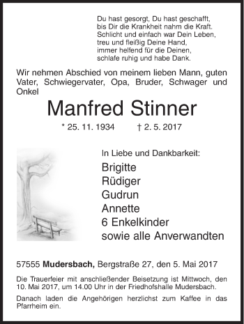 Traueranzeige von Manfred Stinner von Siegener Zeitung