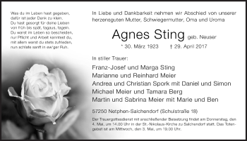 Traueranzeige von Agnes Sting von Siegener Zeitung