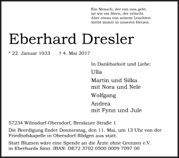 Traueranzeige von Eberhard Dresler von Siegener Zeitung
