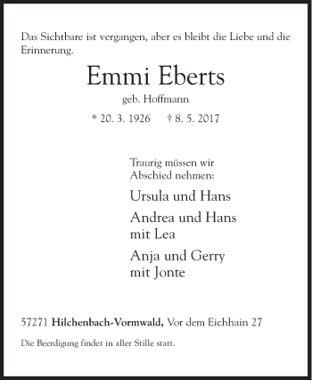 Traueranzeige von Emmi Eberts von Siegener Zeitung