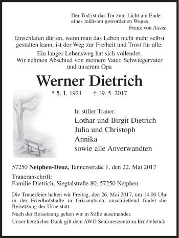 Traueranzeige von Werner Dietrich von Siegener Zeitung