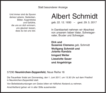 Traueranzeige von Albert Schmidt von Siegener Zeitung