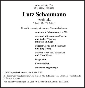 Traueranzeige von Lutz Schaumann von Siegener Zeitung