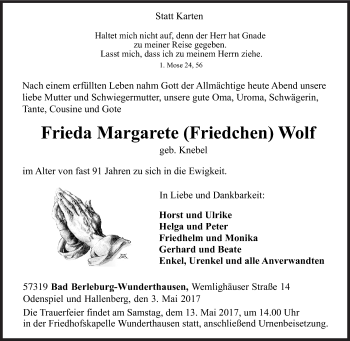 Traueranzeige von Frieda Margarete Wolf von Siegener Zeitung