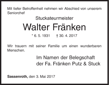 Traueranzeige von Walter Fränken von Siegener Zeitung