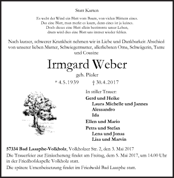 Traueranzeige von Irmgard Weber von Siegener Zeitung