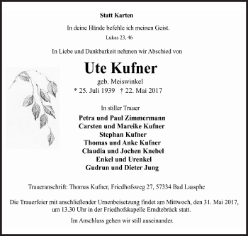 Traueranzeige von Ute Kufner von Siegener Zeitung