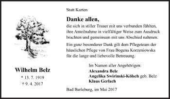Traueranzeige von Wilhelm Belz von Siegener Zeitung