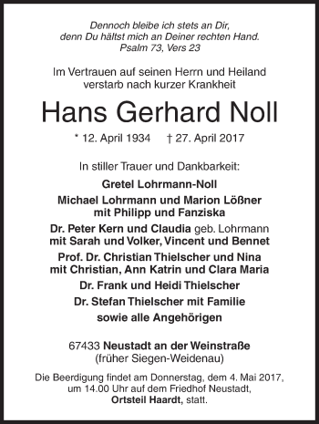 Traueranzeige von Hans Gerhard Noll von Siegener Zeitung