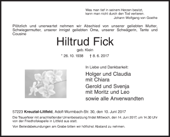 Traueranzeige von Hiltrud Fick von Siegener Zeitung