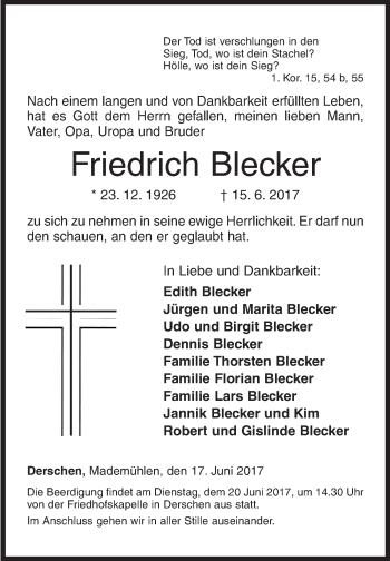 Traueranzeige von Friedrich Blecker von Siegener Zeitung