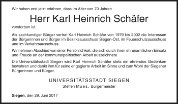 Traueranzeige von Karl Heinrich Schäfer von Siegener Zeitung