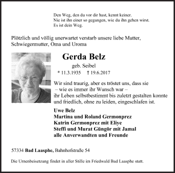 Traueranzeige von Gerda Belz von Siegener Zeitung