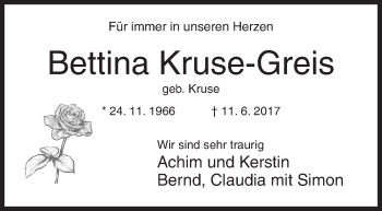 Traueranzeige von Bettina Kruse-Greis von Siegener Zeitung
